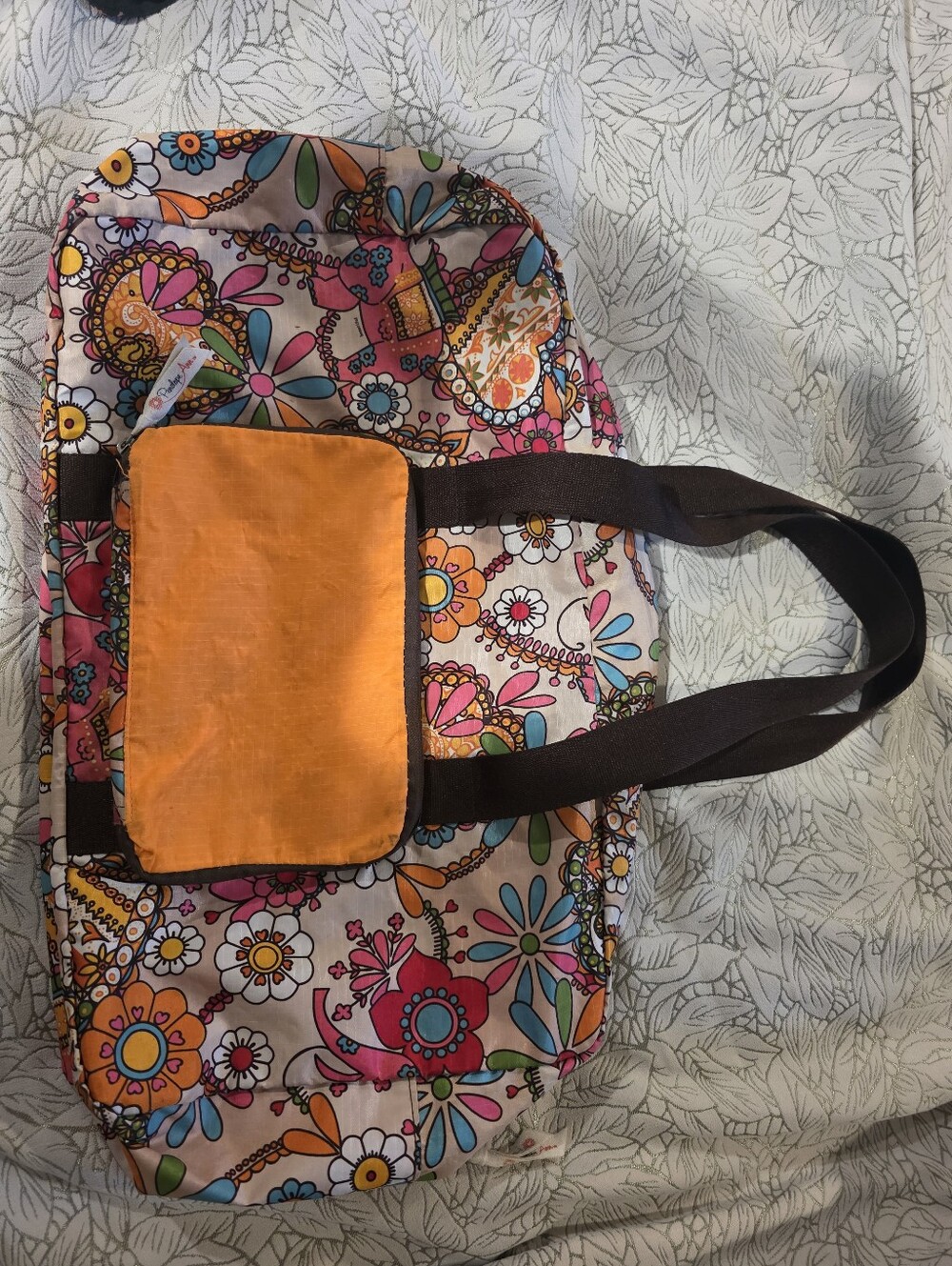 Colorful Floral Tote Bag with Orange Front Pocket